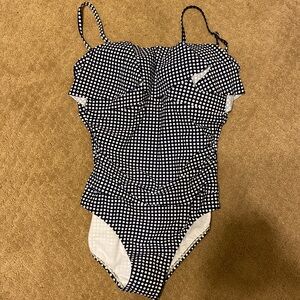 NWT Kona Sol - Navy/white polka dot one piece bathing suit w/ruffles, Size: L